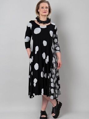 Alembika Black Spot Fit & Flare Dress Lagenlook Loose Flowy Stretch Size 12/14